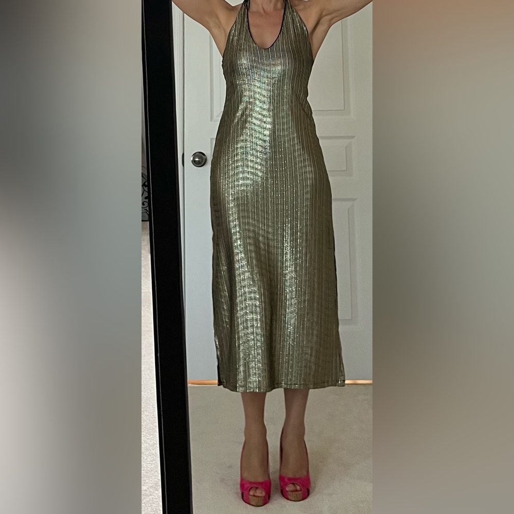 Metallic gold halter cocktail dress